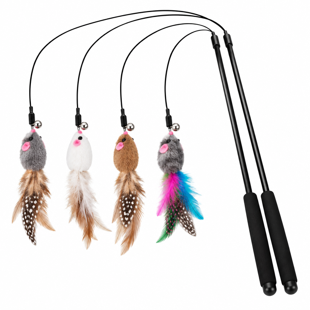 Set de varita con plumas y ratones colgantes para gatos sobre fondo blanco